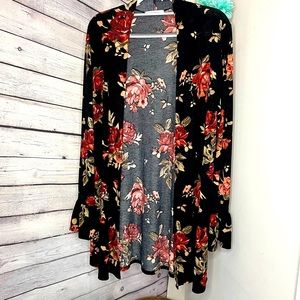Black Floral long duster cardigan with flare sleeves size small